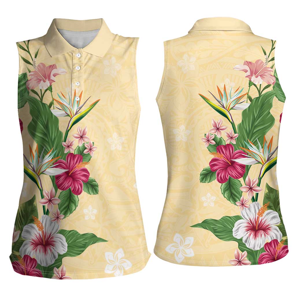 Hawaii Tropical Flowers Women Sleeveless Polo Shirt Polynesian Tattoo Buttermilk