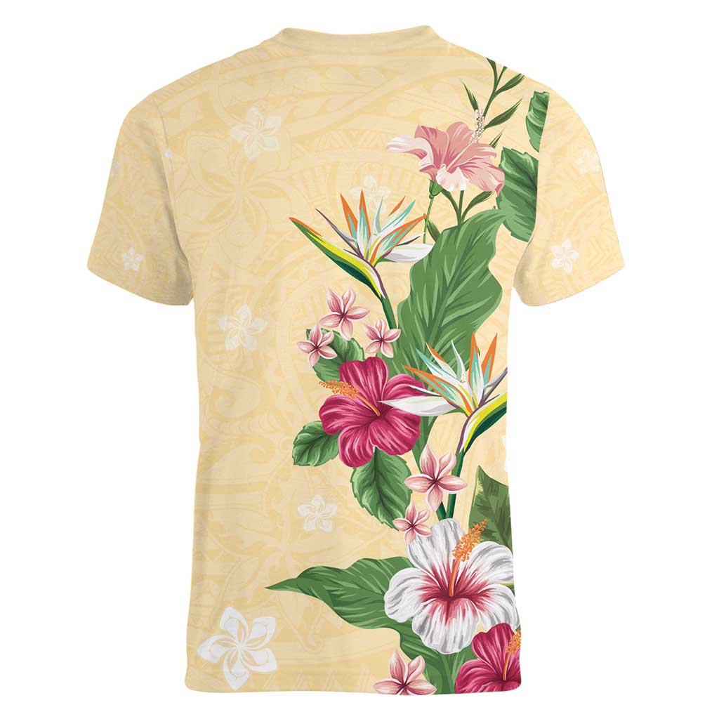Hawaii Tropical Flowers Women V-Neck T-Shirt Polynesian Tattoo Buttermilk