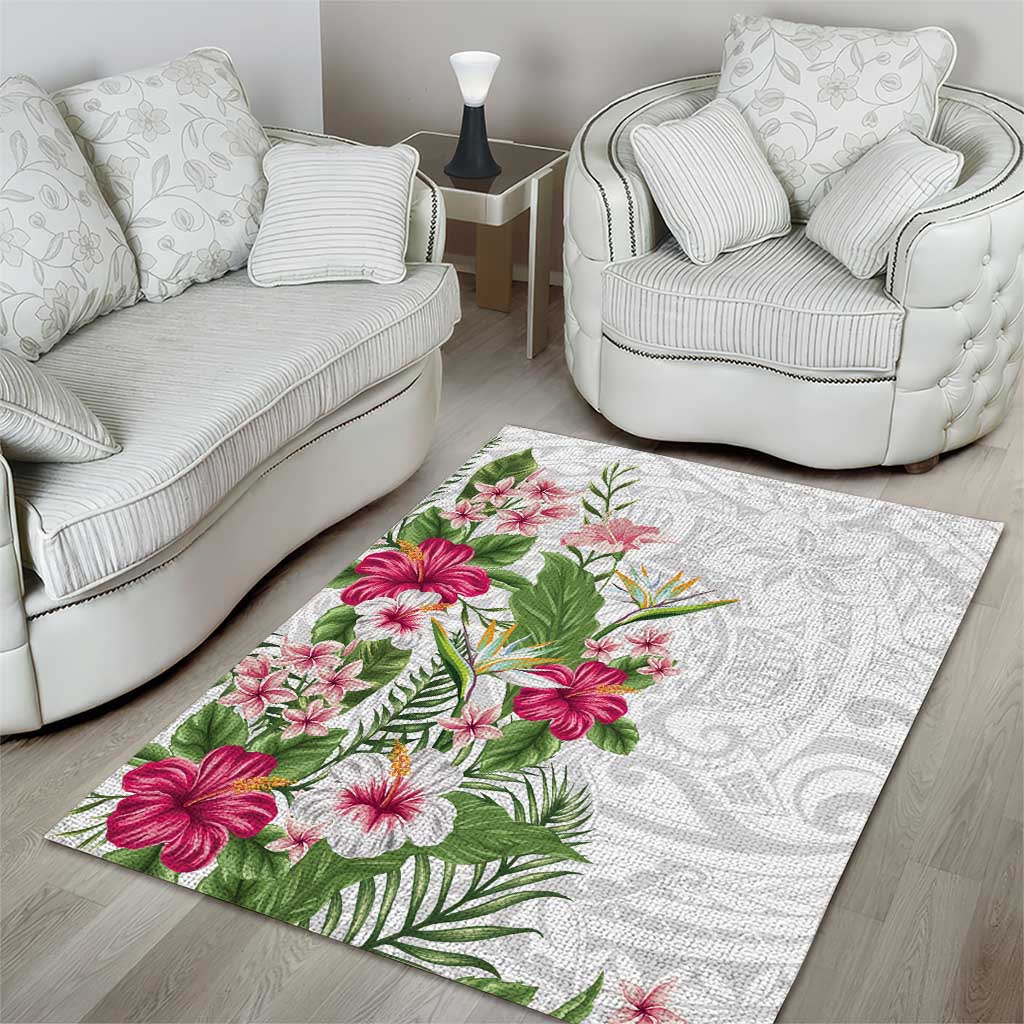 Hawaii Tropical Flowers Area Rug Polynesian Tattoo White