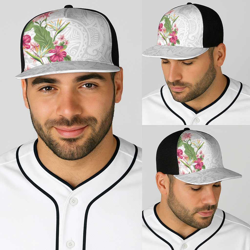 Hawaii Tropical Flowers Baseball Net Cap Polynesian Tattoo White