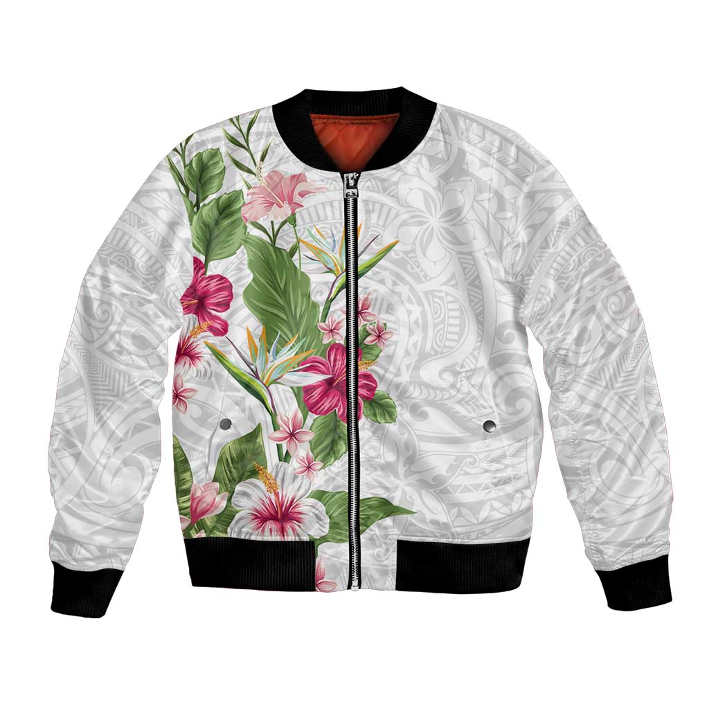 Hawaii Tropical Flowers Bomber Jacket Polynesian Tattoo White