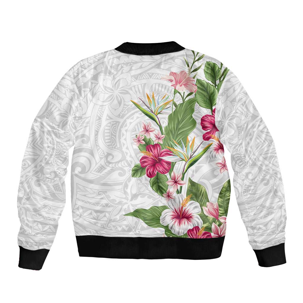 Hawaii Tropical Flowers Bomber Jacket Polynesian Tattoo White LT05 - Polynesian Pride