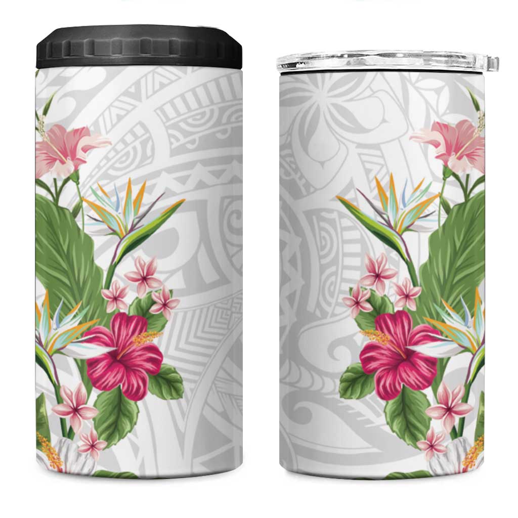 Hawaii Tropical Flowers 4 in 1 Can Cooler Tumbler Polynesian Tattoo White