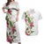 Hawaii Tropical Flowers Couples Matching Off Shoulder Maxi Dress and Hawaiian Shirt Polynesian Tattoo White