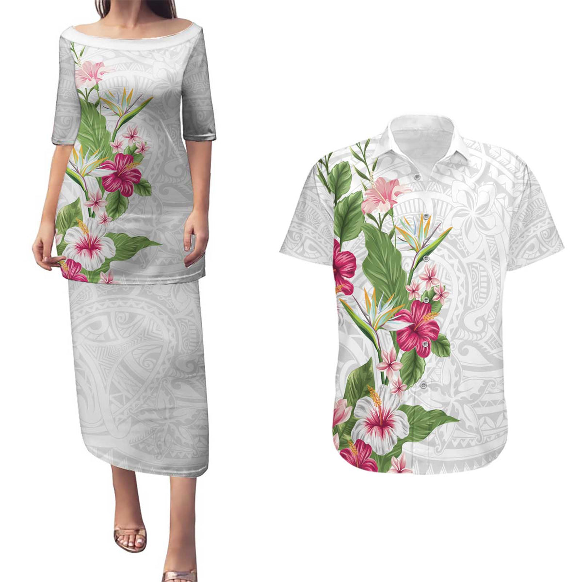 Hawaii Tropical Flowers Couples Matching Puletasi and Hawaiian Shirt Polynesian Tattoo White LT05 White - Polynesian Pride