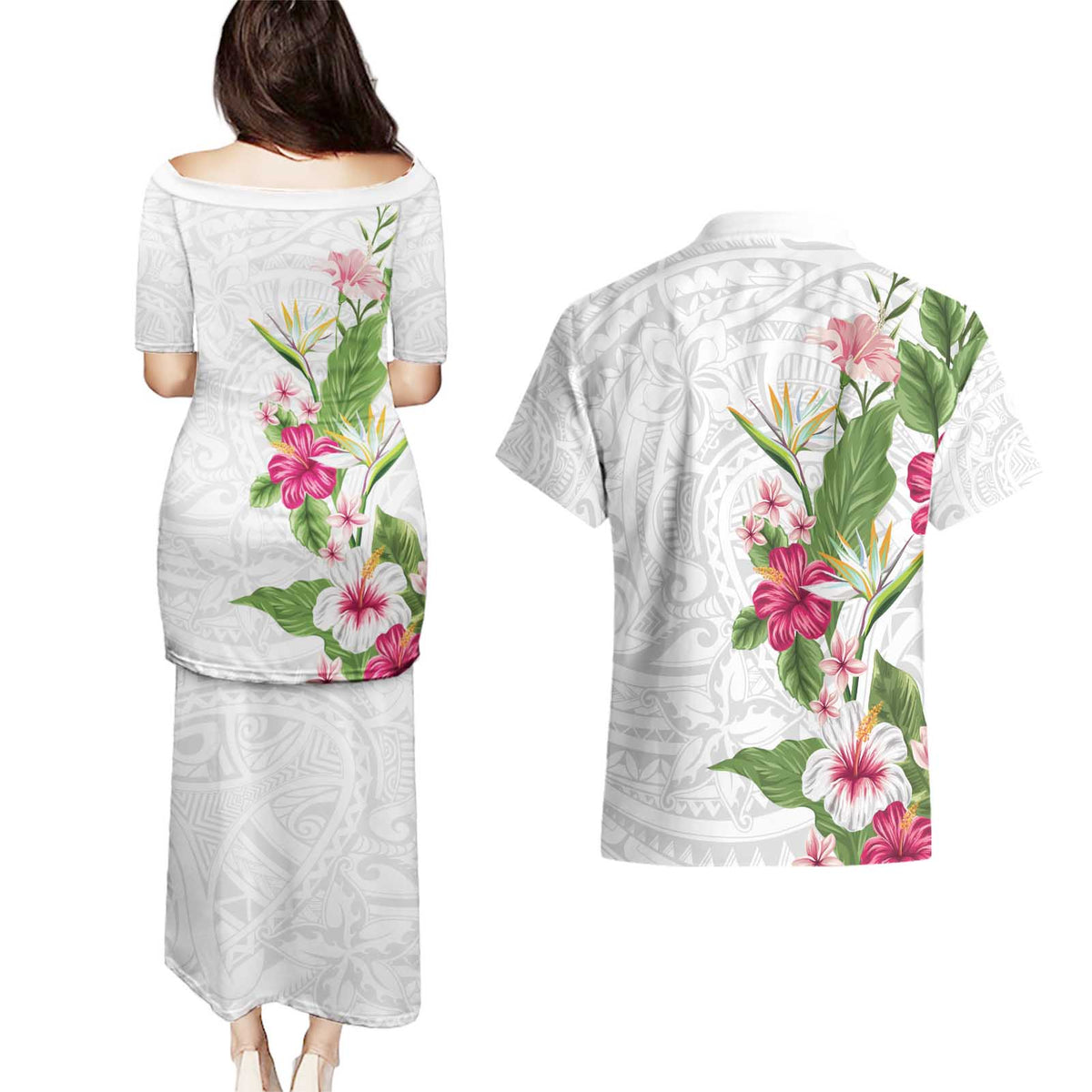 Hawaii Tropical Flowers Couples Matching Puletasi and Hawaiian Shirt Polynesian Tattoo White LT05 - Polynesian Pride