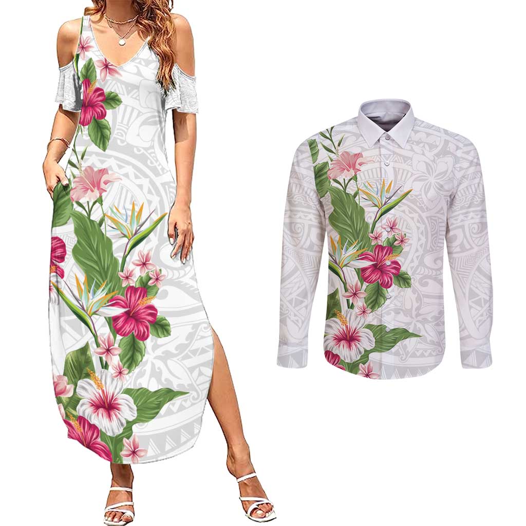 Hawaii Tropical Flowers Couples Matching Summer Maxi Dress and Long Sleeve Button Shirt Polynesian Tattoo White