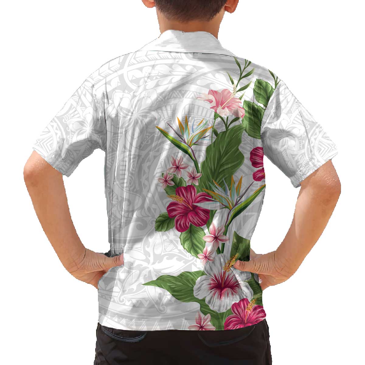 Hawaii Tropical Flowers Family Matching Off The Shoulder Long Sleeve Dress and Hawaiian Shirt Polynesian Tattoo White