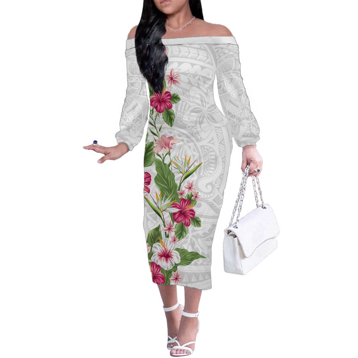 Hawaii Tropical Flowers Family Matching Off The Shoulder Long Sleeve Dress and Hawaiian Shirt Polynesian Tattoo White