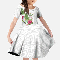 Hawaii Tropical Flowers Family Matching Puletasi and Hawaiian Shirt Polynesian Tattoo White