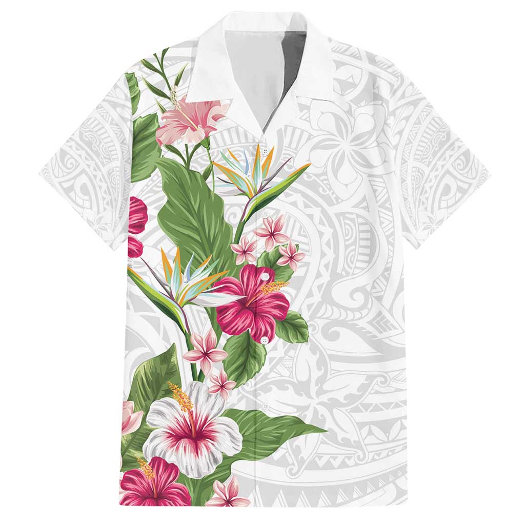 Hawaii Tropical Flowers Family Matching Short Sleeve Bodycon Dress and Hawaiian Shirt Polynesian Tattoo White LT05 Dad's Shirt - Short Sleeve White - Polynesian Pride