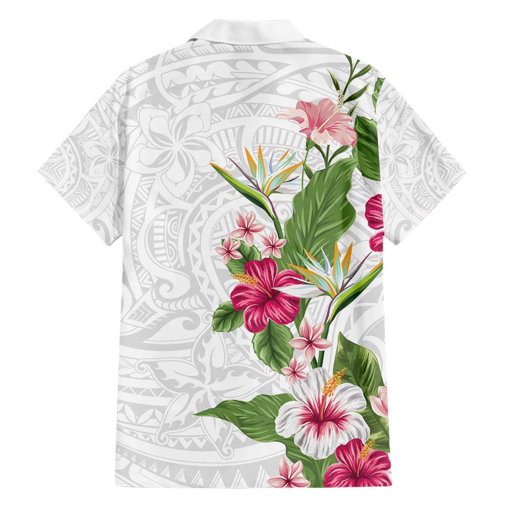 Hawaii Tropical Flowers Family Matching Short Sleeve Bodycon Dress and Hawaiian Shirt Polynesian Tattoo White LT05 - Polynesian Pride