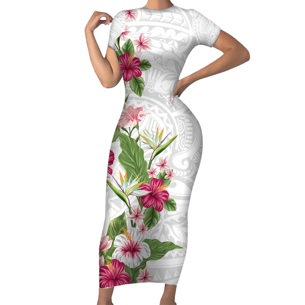 Hawaii Tropical Flowers Family Matching Short Sleeve Bodycon Dress and Hawaiian Shirt Polynesian Tattoo White LT05 Mom's Dress White - Polynesian Pride