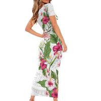Hawaii Tropical Flowers Family Matching Short Sleeve Bodycon Dress and Hawaiian Shirt Polynesian Tattoo White LT05 - Polynesian Pride
