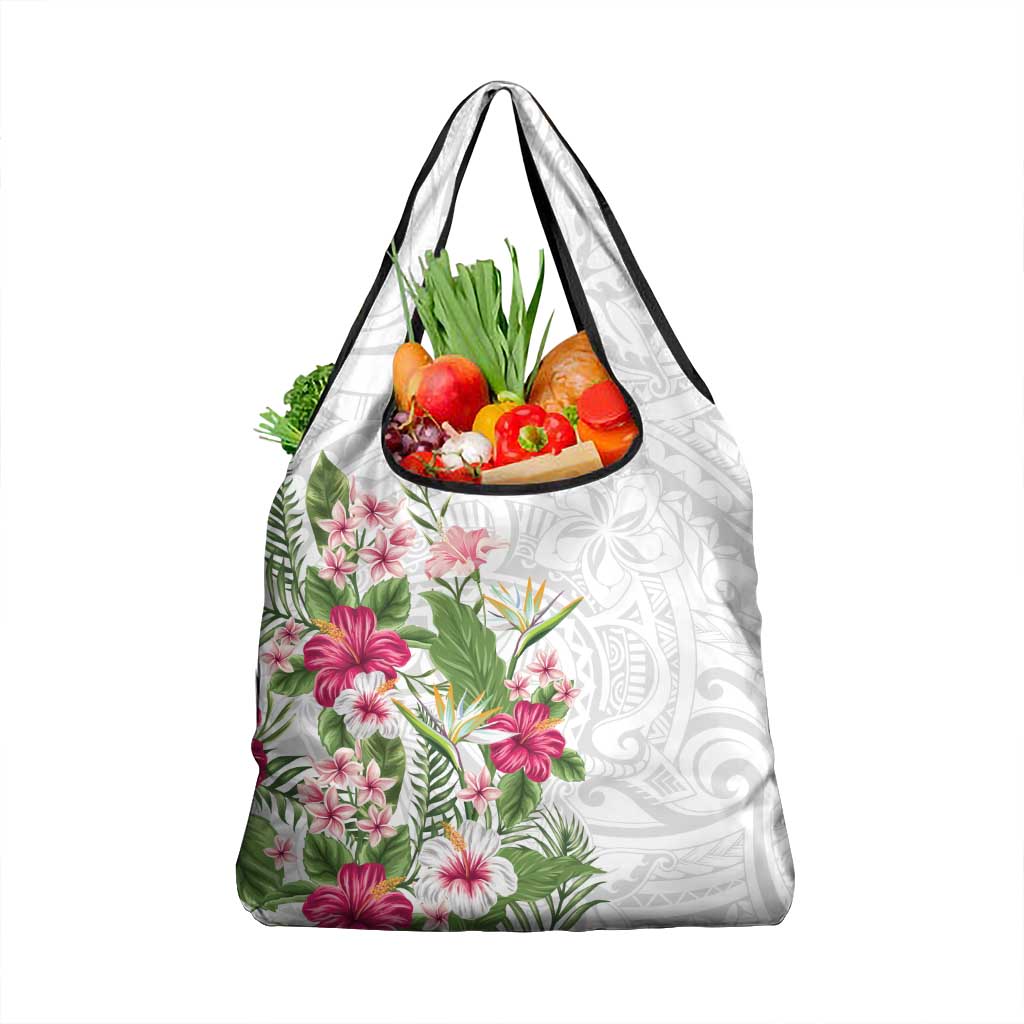 Hawaii Tropical Flowers Grocery Bag Polynesian Tattoo White