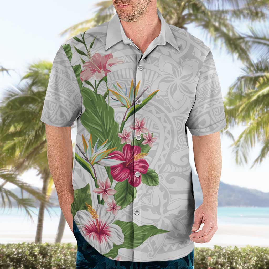 Hawaii Tropical Flowers Hawaiian Shirt Polynesian Tattoo White