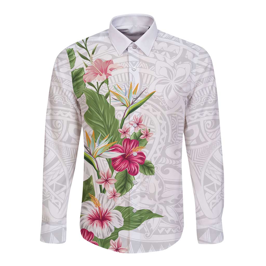 Hawaii Tropical Flowers Long Sleeve Button Shirt Polynesian Tattoo White
