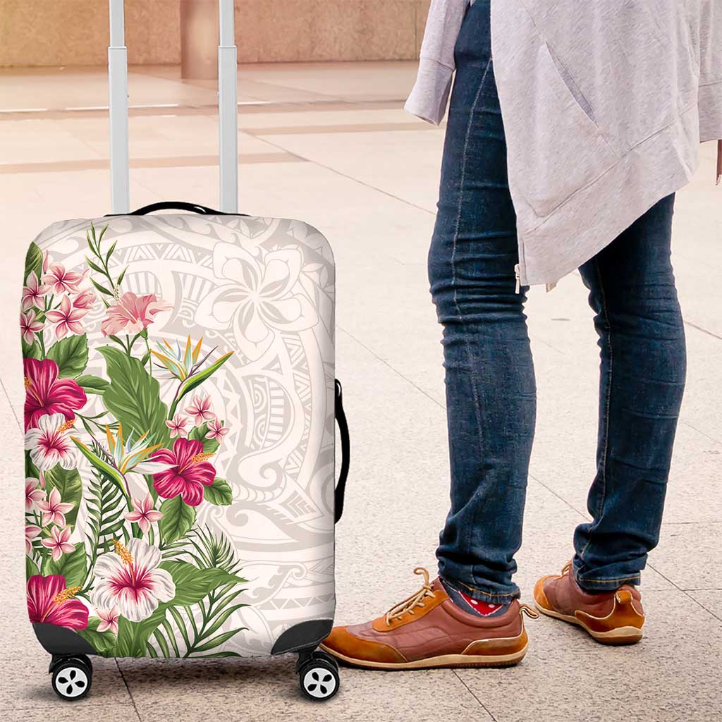 Hawaii Tropical Flowers Luggage Cover Polynesian Tattoo White