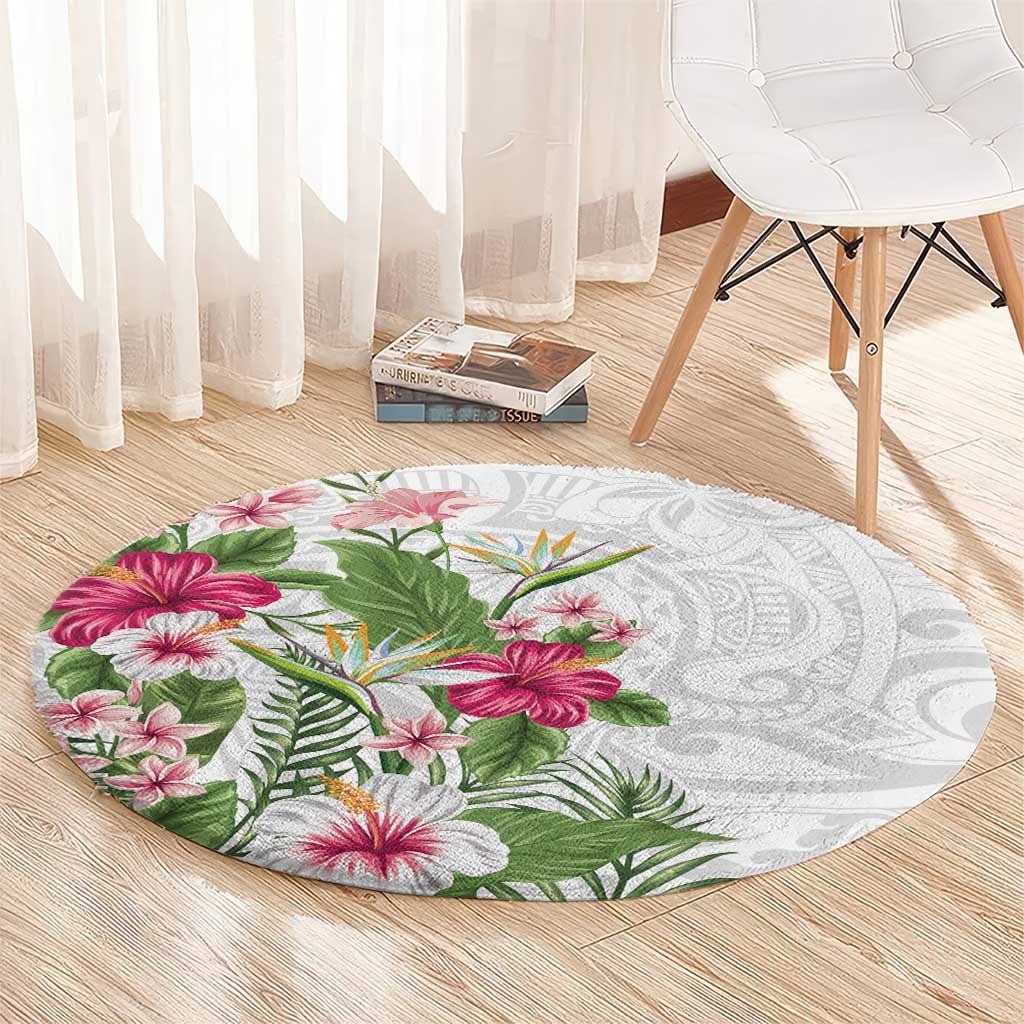 Hawaii Tropical Flowers Round Carpet Polynesian Tattoo White