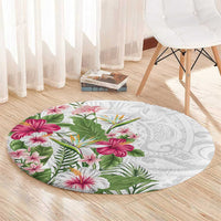 Hawaii Tropical Flowers Round Carpet Polynesian Tattoo White