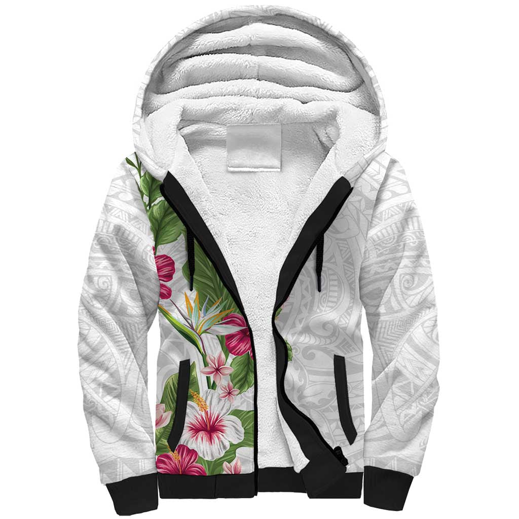 Hawaii Tropical Flowers Sherpa Hoodie Polynesian Tattoo White