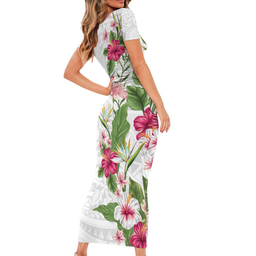 Hawaii Tropical Flowers Short Sleeve Bodycon Dress Polynesian Tattoo White LT05 - Polynesian Pride