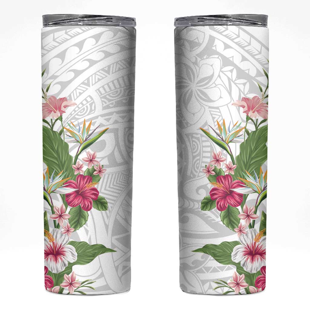 Hawaii Tropical Flowers Skinny Tumbler Polynesian Tattoo White