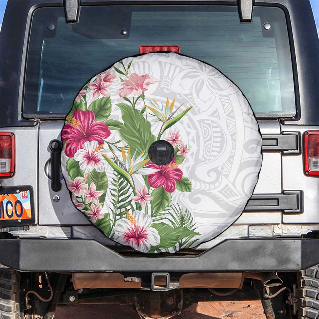 Hawaii Tropical Flowers Spare Tire Cover Polynesian Tattoo White