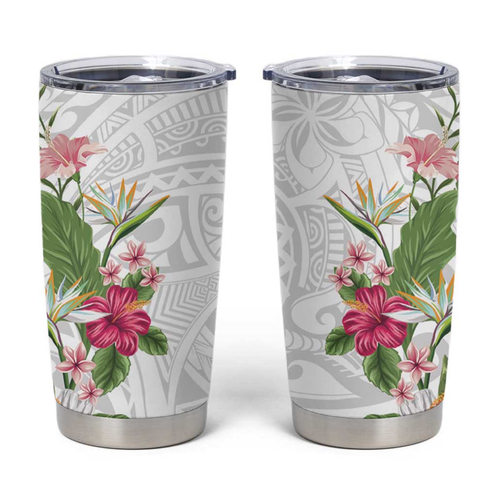 Hawaii Tropical Flowers Tumbler Cup Polynesian Tattoo White