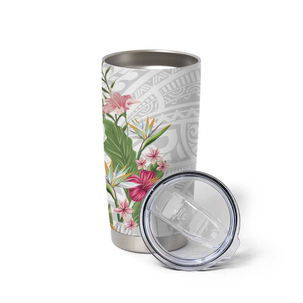 Hawaii Tropical Flowers Tumbler Cup Polynesian Tattoo White