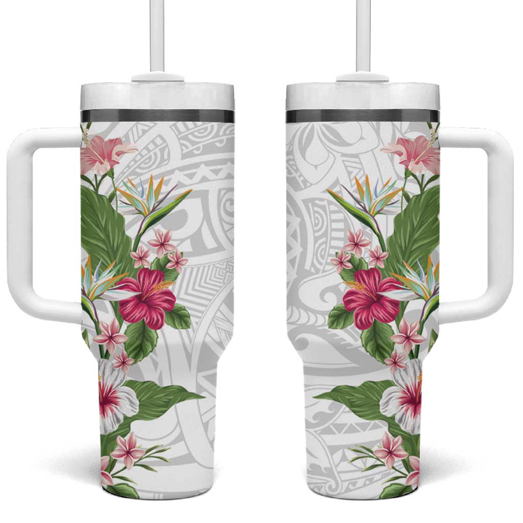 Hawaii Tropical Flowers Tumbler With Handle Polynesian Tattoo White