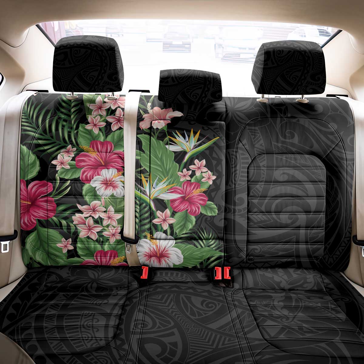 Hawaii Tropical Flowers Back Car Seat Cover Polynesian Tattoo Black