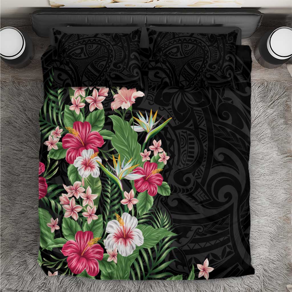 Hawaii Tropical Flowers Bedding Set Polynesian Tattoo Black