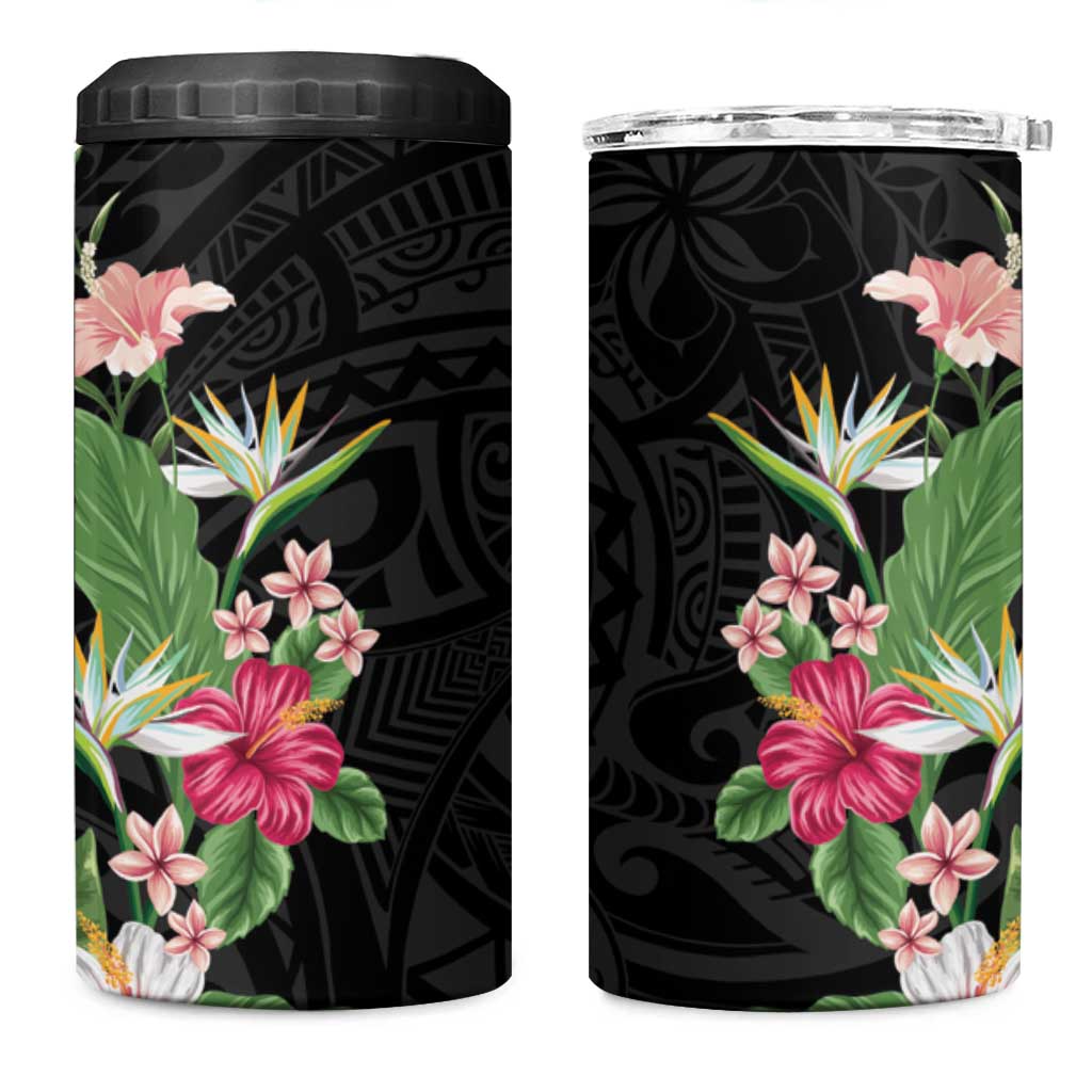 Hawaii Tropical Flowers 4 in 1 Can Cooler Tumbler Polynesian Tattoo Black