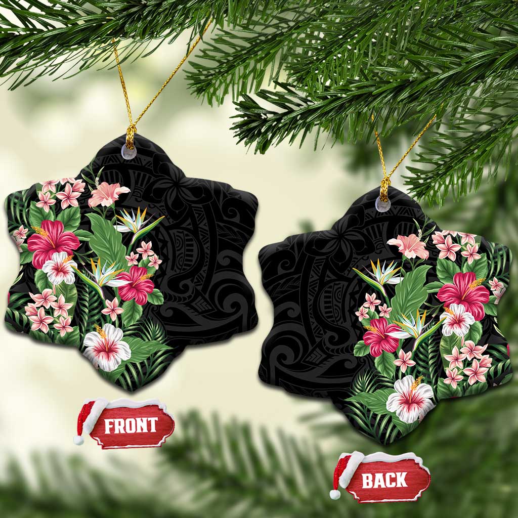 Hawaii Tropical Flowers Ceramic Ornament Polynesian Tattoo Black