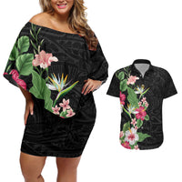 Hawaii Tropical Flowers Couples Matching Off Shoulder Short Dress and Hawaiian Shirt Polynesian Tattoo Black