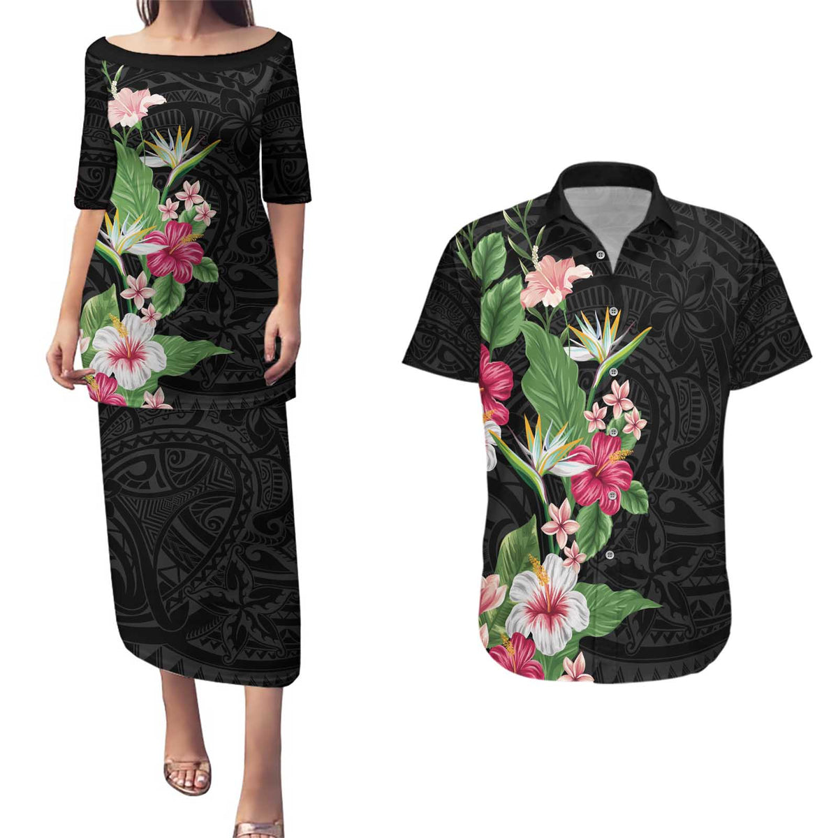 Hawaii Tropical Flowers Couples Matching Puletasi and Hawaiian Shirt Polynesian Tattoo Black LT05 Black - Polynesian Pride