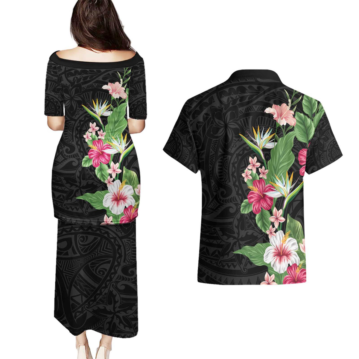 Hawaii Tropical Flowers Couples Matching Puletasi and Hawaiian Shirt Polynesian Tattoo Black LT05 - Polynesian Pride