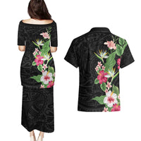 Hawaii Tropical Flowers Couples Matching Puletasi and Hawaiian Shirt Polynesian Tattoo Black LT05 - Polynesian Pride