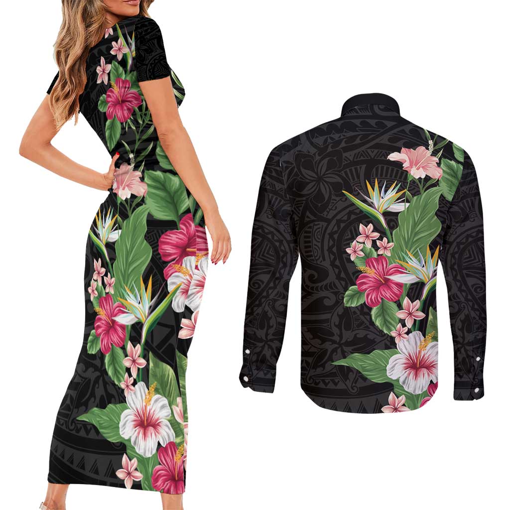 Hawaii Tropical Flowers Couples Matching Short Sleeve Bodycon Dress and Long Sleeve Button Shirt Polynesian Tattoo Black