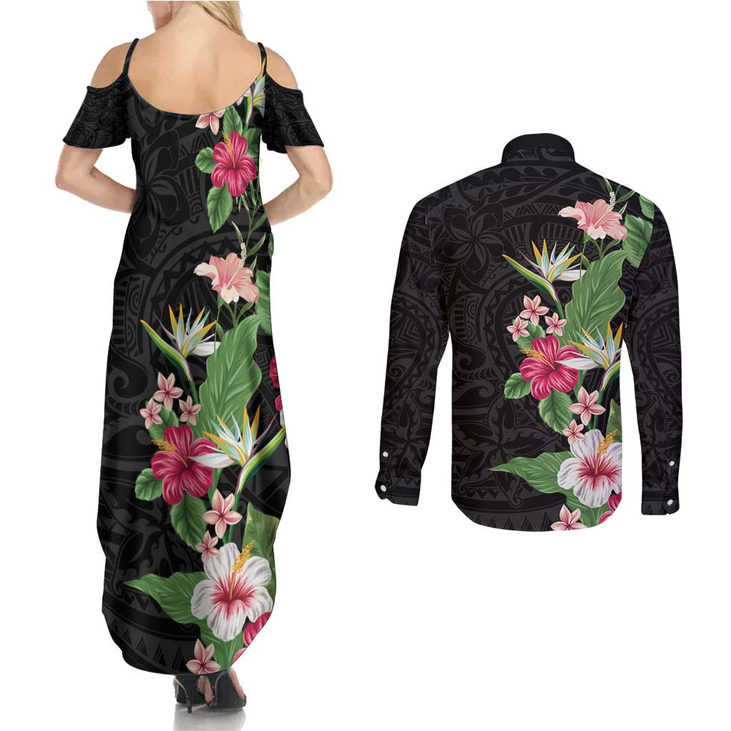 Hawaii Tropical Flowers Couples Matching Summer Maxi Dress and Long Sleeve Button Shirt Polynesian Tattoo Black