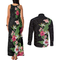 Hawaii Tropical Flowers Couples Matching Tank Maxi Dress and Long Sleeve Button Shirt Polynesian Tattoo Black