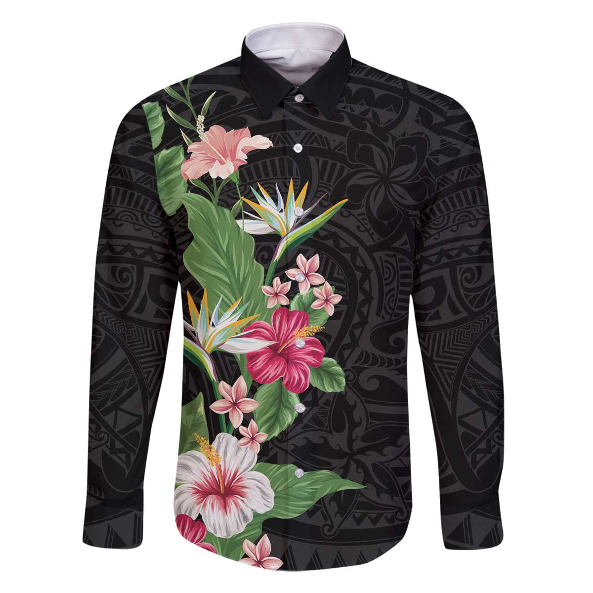 Hawaii Tropical Flowers Family Matching Off The Shoulder Long Sleeve Dress and Hawaiian Shirt Polynesian Tattoo Black