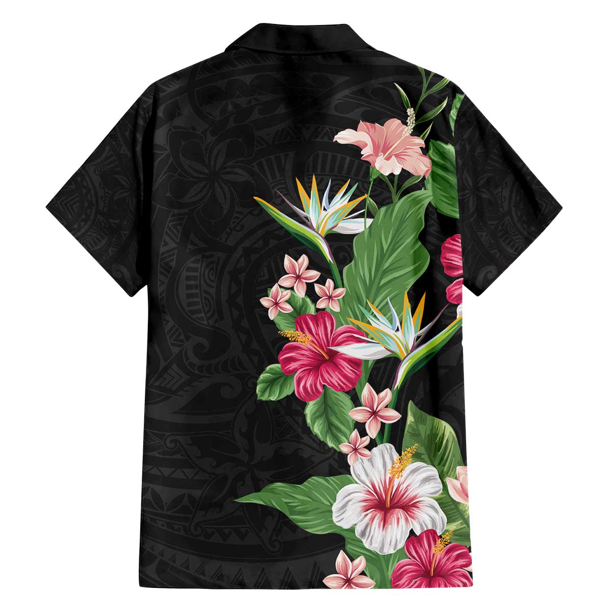 Hawaii Tropical Flowers Family Matching Off Shoulder Short Dress and Hawaiian Shirt Polynesian Tattoo Black