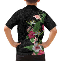Hawaii Tropical Flowers Family Matching Short Sleeve Bodycon Dress and Hawaiian Shirt Polynesian Tattoo Black LT05 - Polynesian Pride
