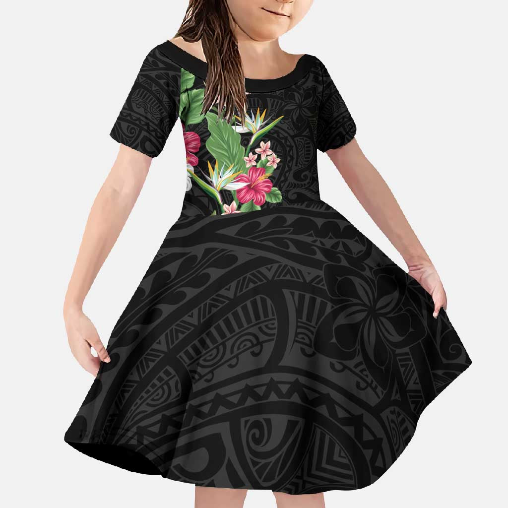 Hawaii Tropical Flowers Family Matching Short Sleeve Bodycon Dress and Hawaiian Shirt Polynesian Tattoo Black LT05 Daughter's Dress Black - Polynesian Pride
