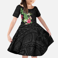 Hawaii Tropical Flowers Family Matching Short Sleeve Bodycon Dress and Hawaiian Shirt Polynesian Tattoo Black LT05 Daughter's Dress Black - Polynesian Pride