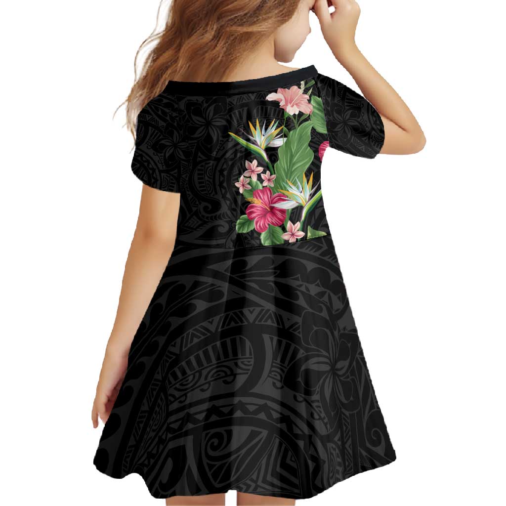 Hawaii Tropical Flowers Family Matching Short Sleeve Bodycon Dress and Hawaiian Shirt Polynesian Tattoo Black LT05 - Polynesian Pride