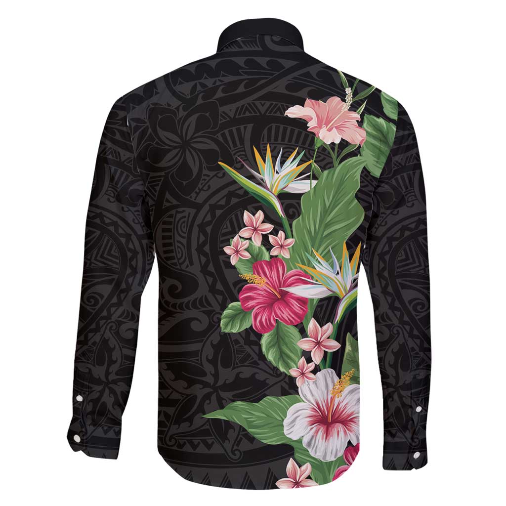 Hawaii Tropical Flowers Family Matching Short Sleeve Bodycon Dress and Hawaiian Shirt Polynesian Tattoo Black LT05 - Polynesian Pride