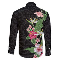 Hawaii Tropical Flowers Family Matching Short Sleeve Bodycon Dress and Hawaiian Shirt Polynesian Tattoo Black LT05 - Polynesian Pride